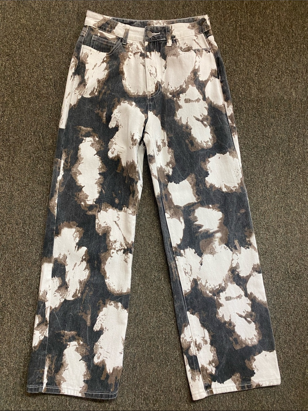 SHEIN White, Black & Brown Tie-Dye Straight-Leg Jeans